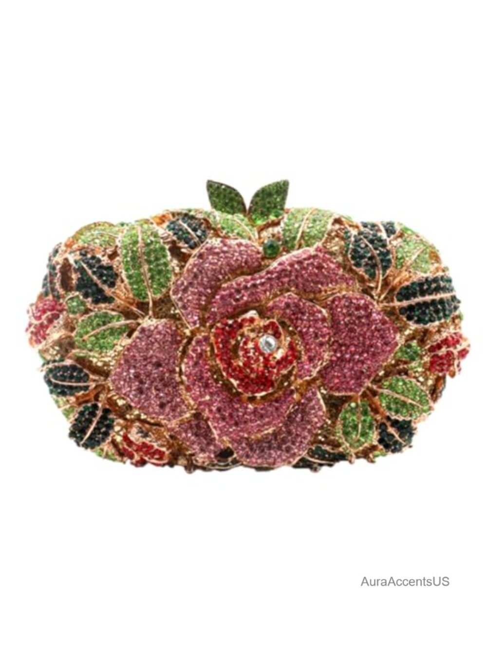 Rhinestone Floral Evening Clutch with Detachable Chain Faux Leather Lined